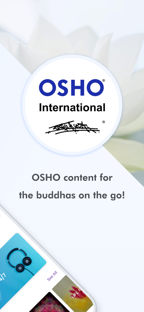 iOSHO - iOSHO meditation app splash screen featuring the OSHO International logo and slogan OSHO content for the buddhas on the go