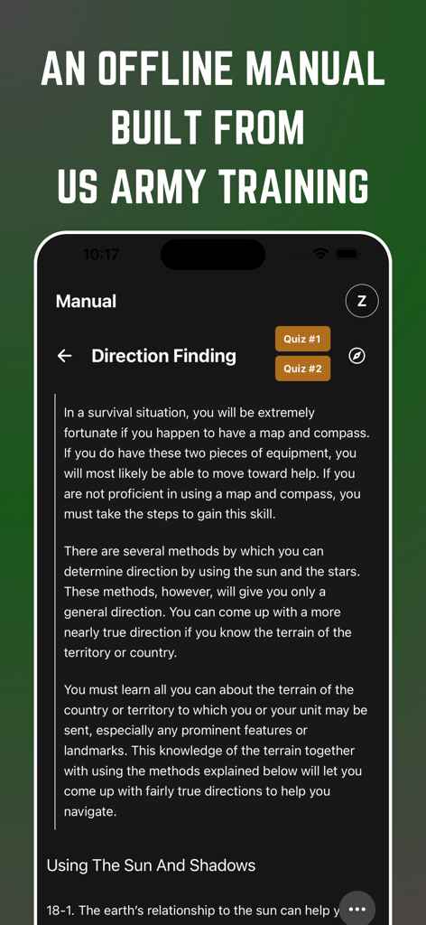 Preppr: Learn, Stock, Survive - Screenshot of the Preppr app showing an offline survival manual page about direction finding based on US Army training