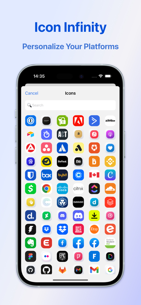 A grid of popular service icons supported for 2FA account personalization