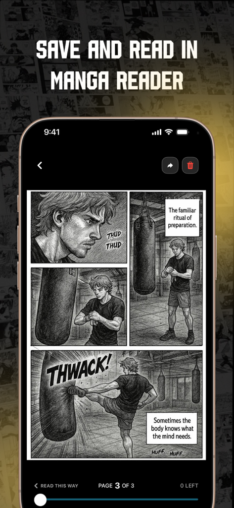 Turn Life into Manga: MangaMe - A mobile screen showing a three panel manga page with an illustrated athlete in the MangaMe reader view.
