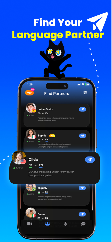 Catlangu - Language Practice - Catlangu mobile app interface showing a list of potential language partners for conversation practice.