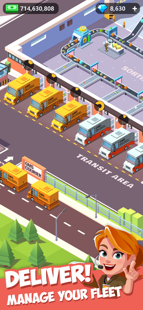 Idle Courier gameplay showing delivery vans in a transit area and package sorting