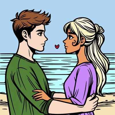 a man and a woman looking deeply into each others eyes at the beach with the sun setting behind them