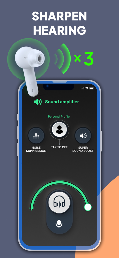 LISTENING DEVICE - HEARING AID - Smartphone screen showing a sound amplifier app with noise suppression and super sound boost controls next to a wireless earbud