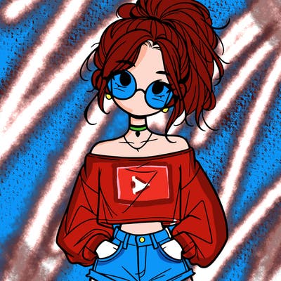 girl with a messy ponytail glasses a baggy crop top and jean shorts