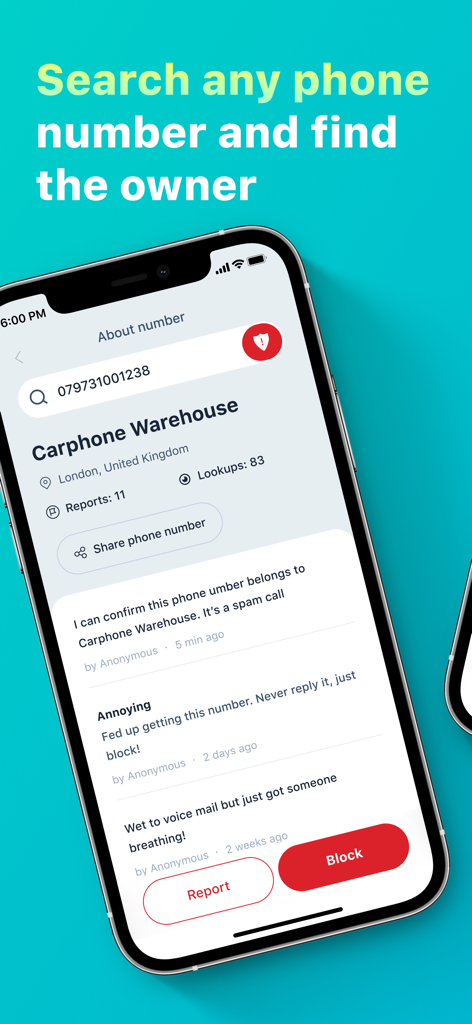 Call Blocker - Interfaz que muestra una búsqueda de número de teléfono con identificación del propietario e informes de spam de la comunidad.