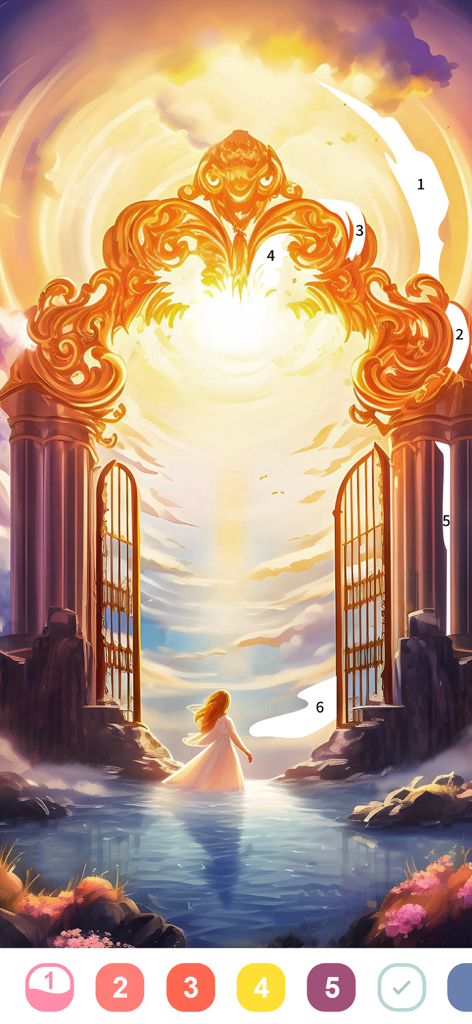 Eine Malvorlage von Fantasy Color mit einem Mädchen, das auf ein leuchtendes goldenes Portal zugeht