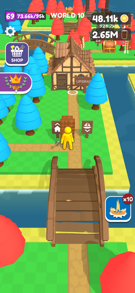 Craft Island - Capture d'écran de gameplay de Craft Island montrant un personnage jaune dans un village low-poly avec des arbres et des bâtiments.
