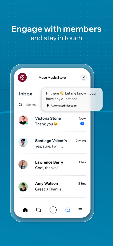 A smartphone screen showing the Wix app inbox with customer chat messages and an automated welcome message for a music store.