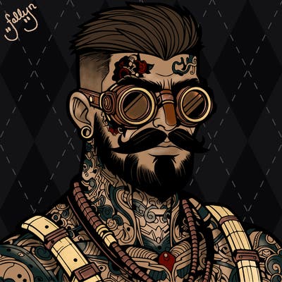 a realistic steampunk man covered in tattoos