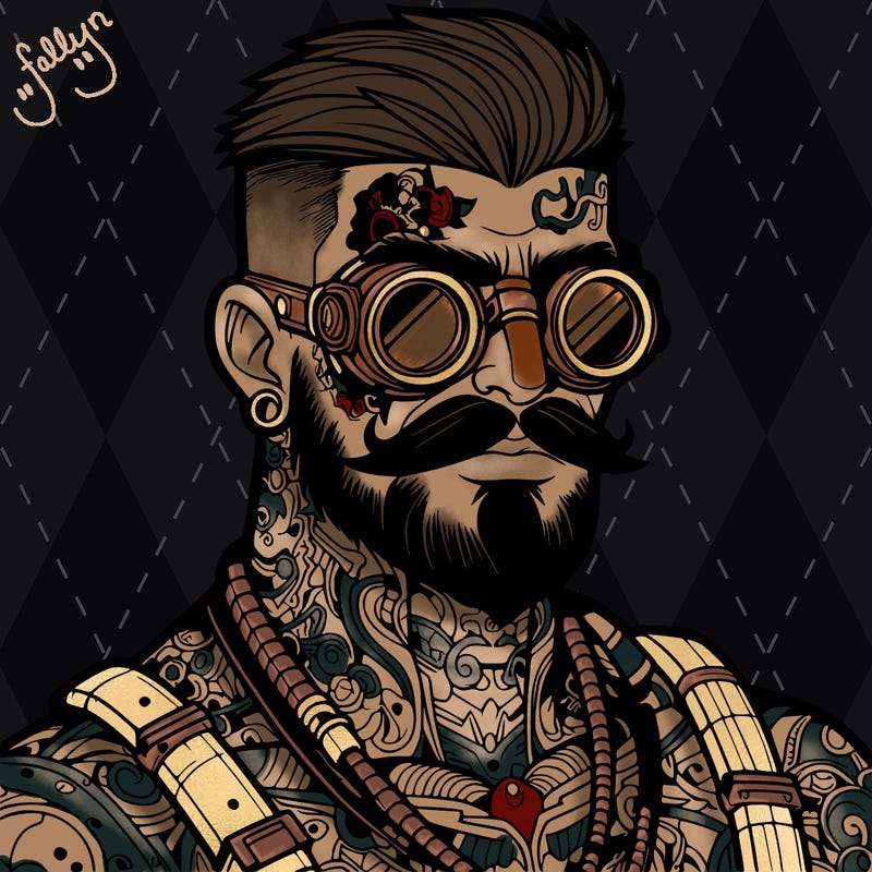 a realistic steampunk man covered in tattoos