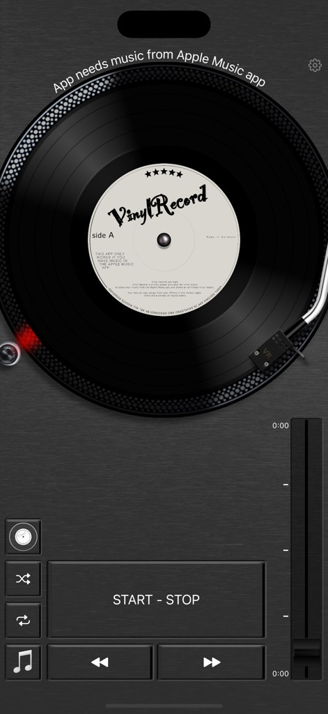 Vinyl Record - A digital vinyl record player interface with a black record on a turntable and playback controls