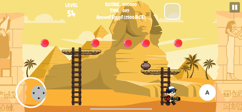 Pang In Time - Pang In Time gameplay featuring a character with a harpoon gun in an Ancient Egypt level with red bubbles