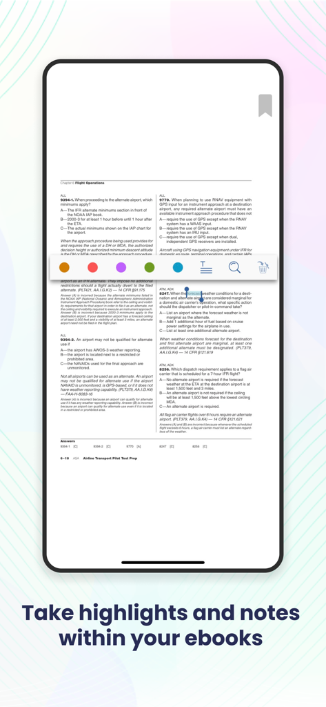 ASA Library - ASA Library app showing text highlighting and note taking features on an aviation study book page