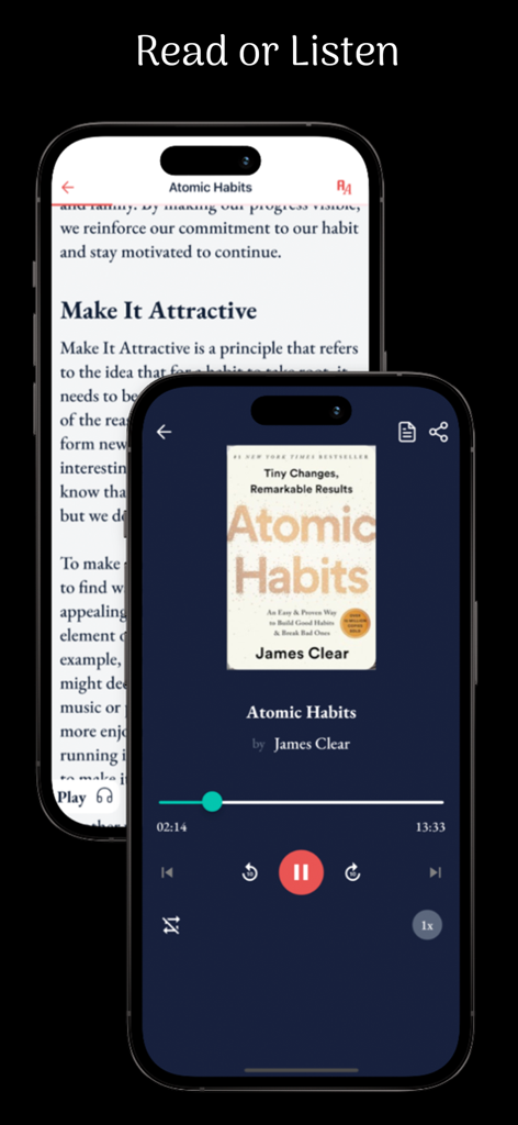 ReadBay: Book Summaries - ReadBay app interface showing text summary and audio player for the book Atomic Habits