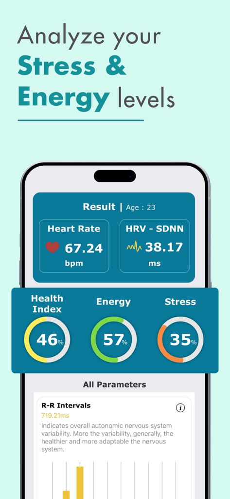 Blood Oxygen App- Watch - Stress and energy level analysis dashboard showing heart rate and HRV data on a mobile health app