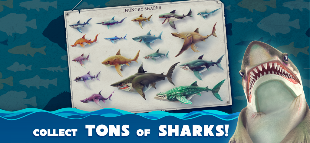 A menu showing a wide variety of unlockable shark species in Hungry Shark World.
