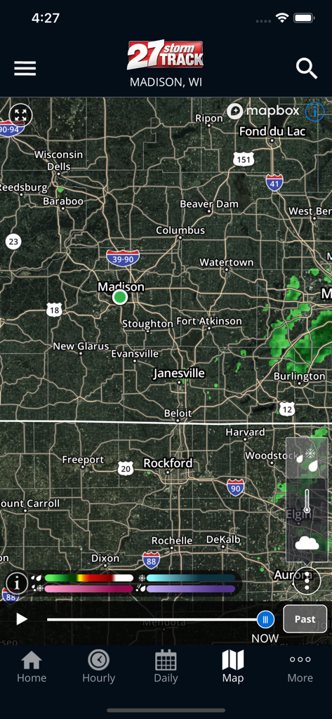 27StormTrack mobile app displaying a detailed weather radar map for Madison and South Central Wisconsin.