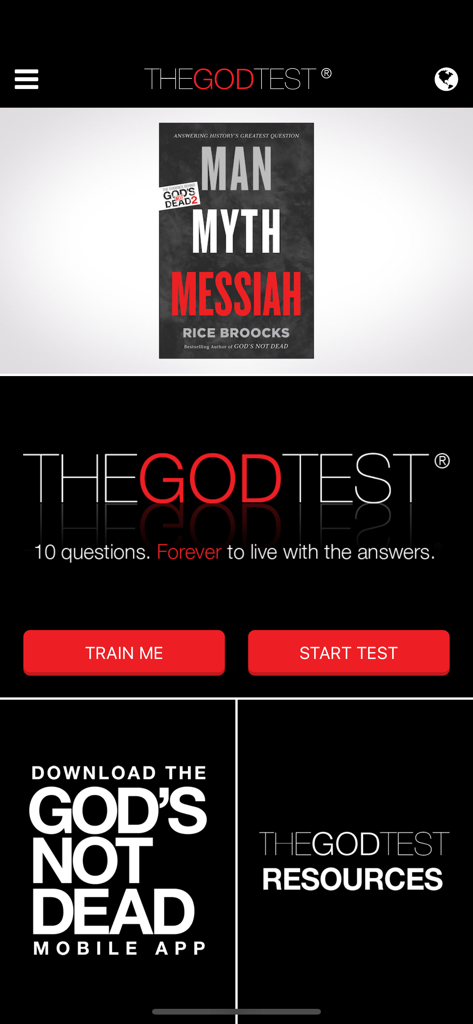 The God Test mobile app home screen with options to start a test or train for religious dialogue.