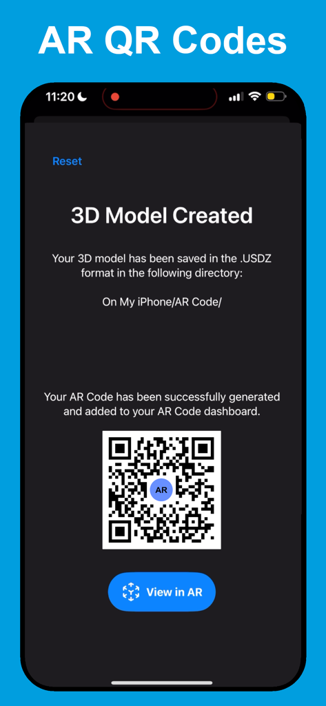Interface showing a generated AR QR Code for a 3D model in USDZ format