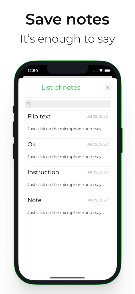 Schermata dell'iPhone che mostra un elenco di note salvate nell'app Transcribe Live