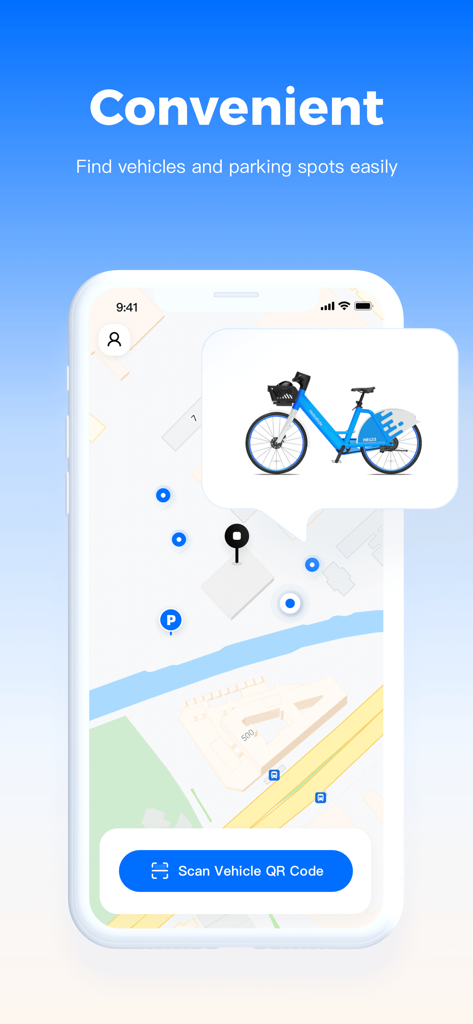 HelloRide-Enjoy your ride - 近くの自転車と駐車スペースを見つけるための地図を示すHelloRideアプリのインターフェース