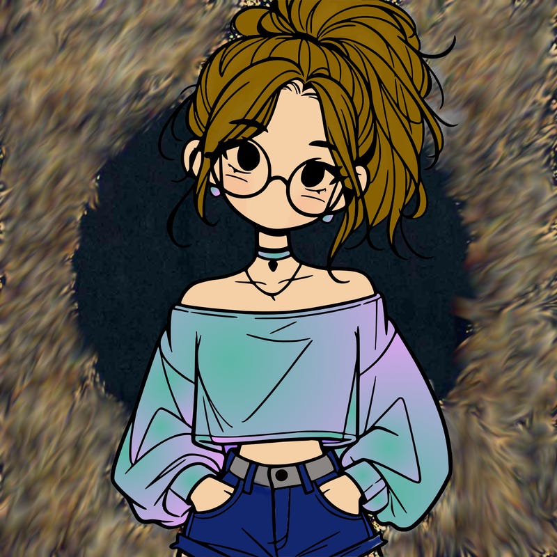 girl with a messy ponytail glasses a baggy crop top and jean shorts