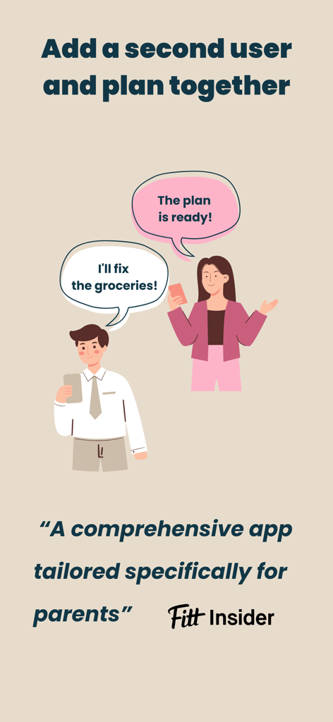 Una ilustración que muestra a una madre y un padre utilizando la aplicación Little Lunches para coordinar la planificación de comidas y las compras de comestibles juntos.