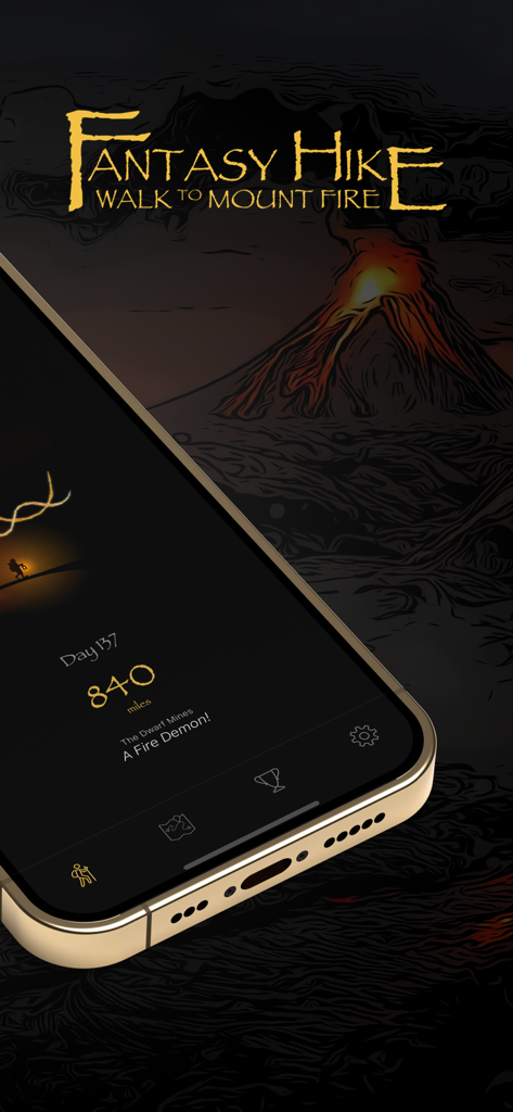 Fantasy Hike - マウント・ファイアまで840マイルのウォーキングクエストの進捗状況を示すFantasy Hikeアプリのインターフェース。