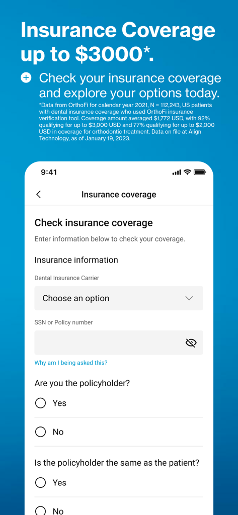 My Invisalign - Interfaccia dell'app My Invisalign che mostra lo strumento di verifica della copertura assicurativa per controllare i benefici dentali