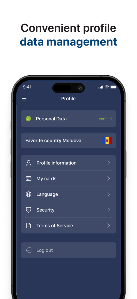 MoneyTO Money Transfer - MoneyTO app profile screen showing account settings and personal data verification