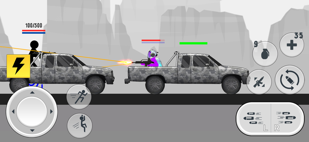 Stick Warfare Battle Strike - Stickman characters engaged in high-speed combat from the back of camouflage pickup trucks in an arena shooter game.