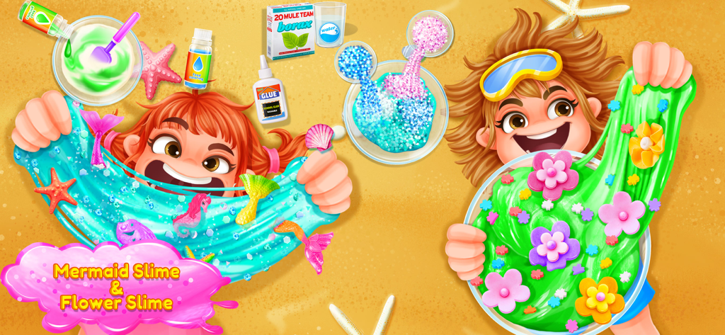 Fluffy Slime DIY Maker - Dois personagens brincando com slime colorido temático de sereia e flor em um jogo DIY virtual
