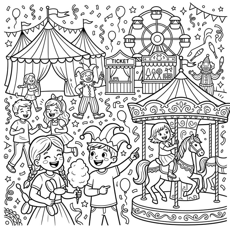 Immerse yourself in the joyful chaos of a bustling carnival with this exciting coloring page. Discover happy children enjoying classic attractions like the carousel and Ferris wheel, alongside playful clowns and vibrant tents.
