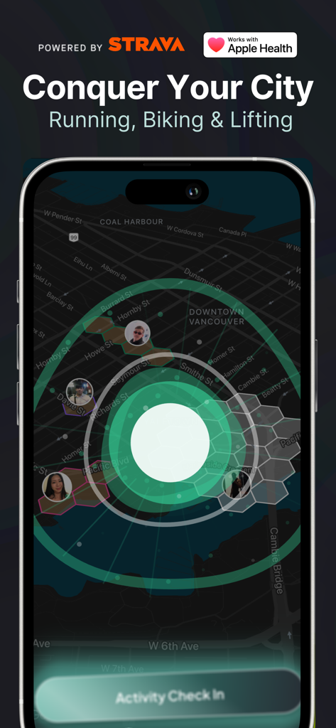 Checkin: Fitness Tracker Game - Checkin app screenshot showing a hexagonal territory map for fitness gamification with activity check in button