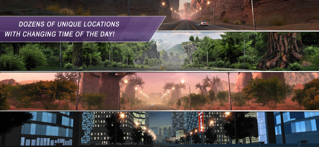 Four diverse racing environments in CarX Highway Racing showcasing different locations and times of day.