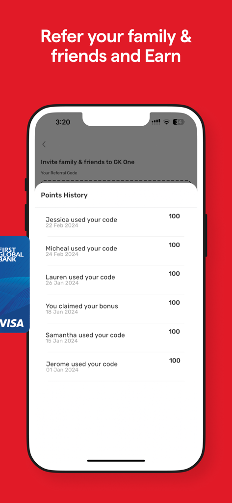 GK One - Pantalla de la aplicación GK One que muestra el historial de puntos y las recompensas de referencia de familiares y amigos