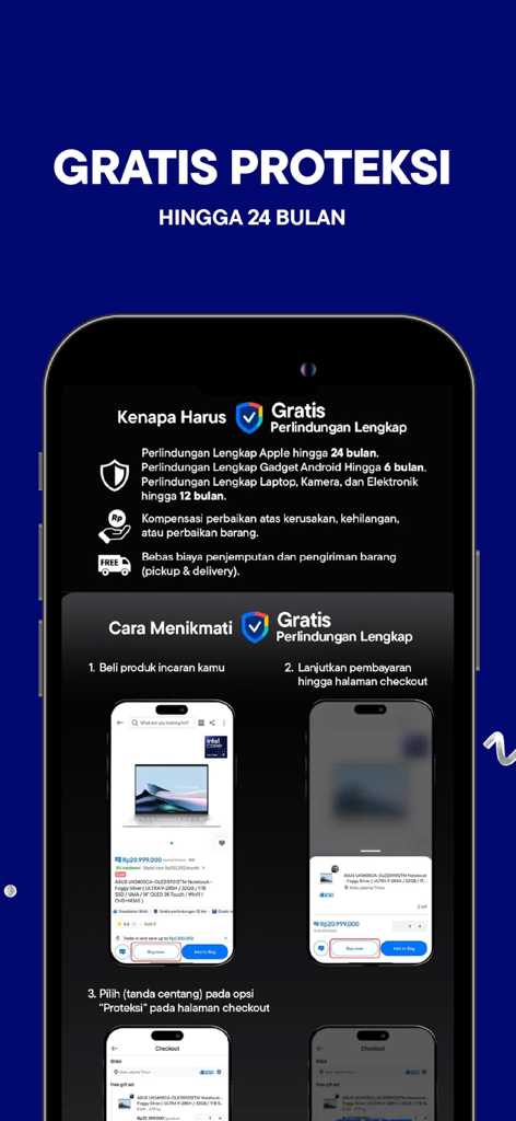 Blibli - Blibli app screen showing free electronics protection for up to 24 months.