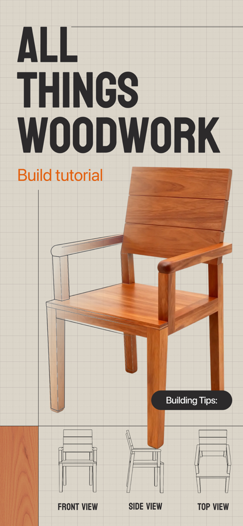 WoodSense: Craft & Identifier - 木工アプリのビルドチュートリアル。木製の椅子の図面と複数のビューが表示されています