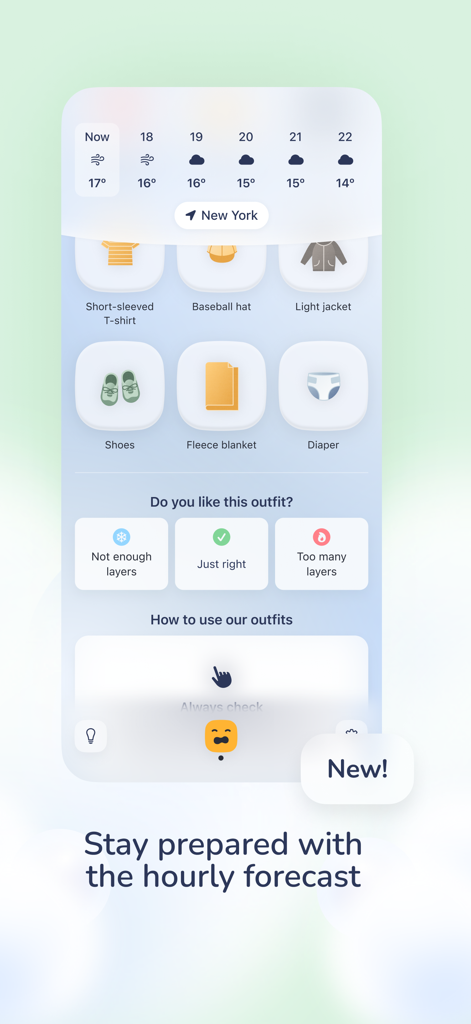 BabyWeather - Screenshot der BabyWeather-App, der die stündliche Wettervorhersage und Outfitvorschläge für Babys zeigt