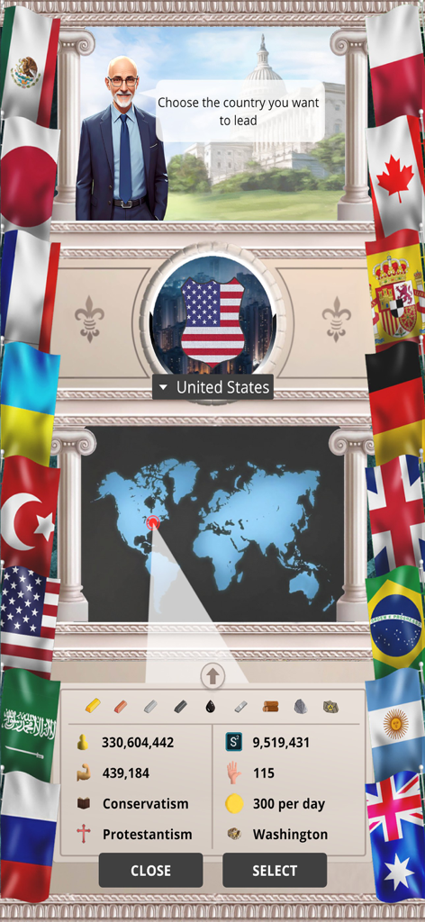 MA 1 – President Simulator - A menu screen in MA 1 President Simulator for choosing the United States as a playable country featuring national stats and a world map.