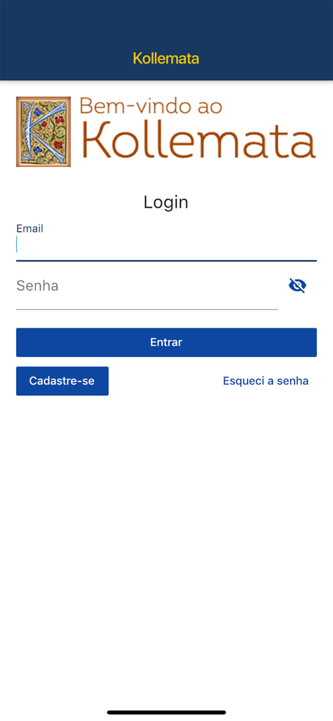 メールとパスワード入力フィールドを備えたKollemataモバイルアプリのログイン画面