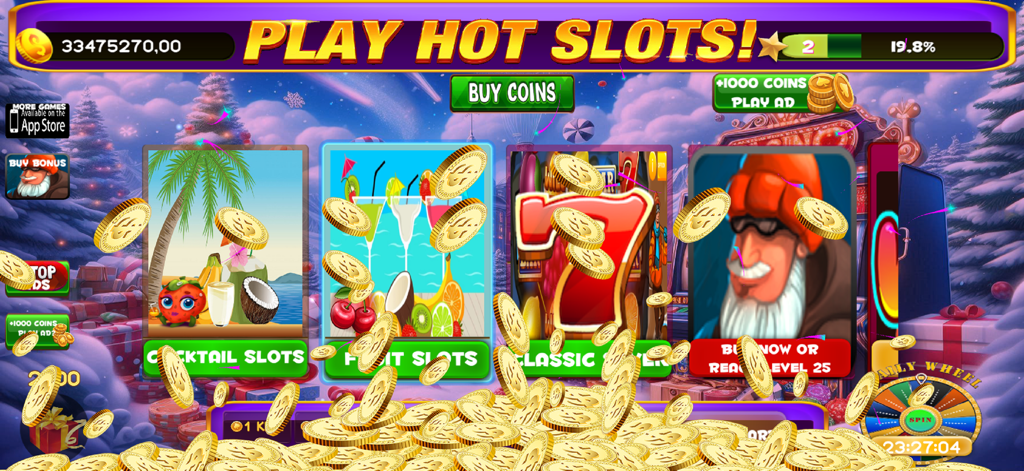 Golden Club 777 mobile casino game lobby featuring various slot themes like cocktail and fruit slots with golden coins raining down