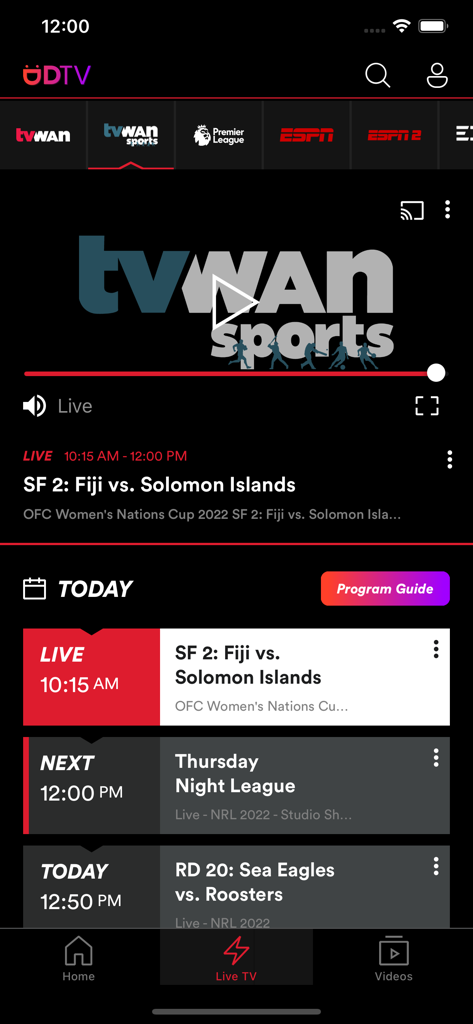 DigicelTV - Interfaz de la aplicación DigicelTV mostrando un partido de fútbol en vivo entre Fiyi y las Islas Salomón con un horario de partidos de rugby de la NRL.