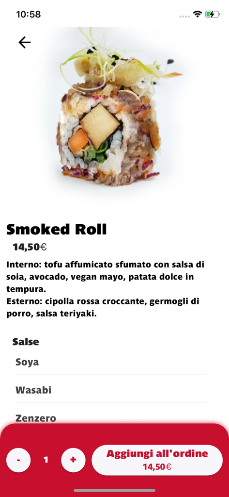 Daruma - Product detail page for a Smoked Roll on the Daruma sushi app