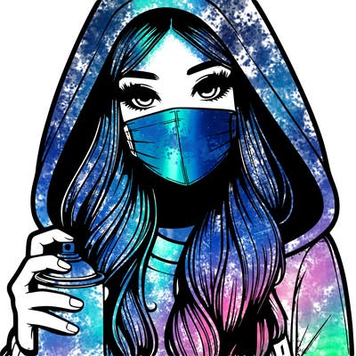 girl wearing a mask with long hair with her hood up spray-painting realistic