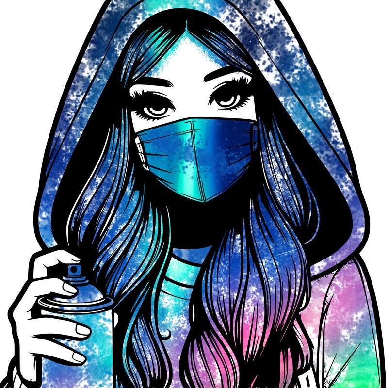 girl wearing a mask with long hair with her hood up spray-painting realistic