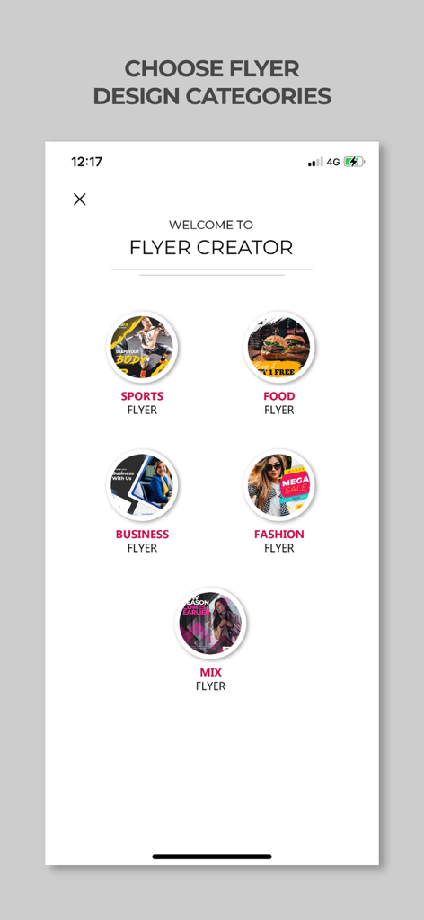Poster Maker - Flyer Creator - Mobile screen showing flyer design categories like sports food and business in the poster maker app