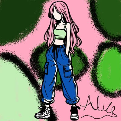 girl in baggy pants crop top and long hair
