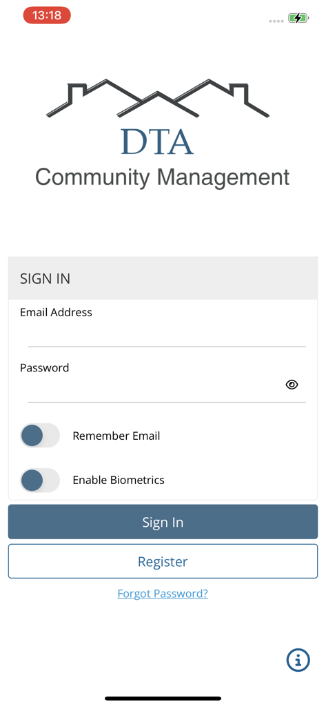 Tela de login do aplicativo móvel DTA Community Management